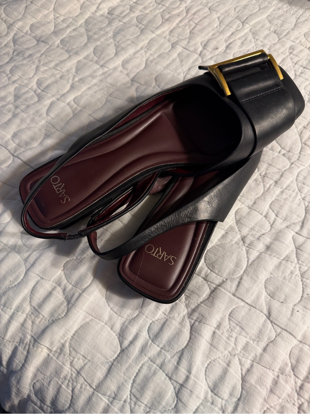 Franco Sarto Black Slide Sandals with Gold Buckle